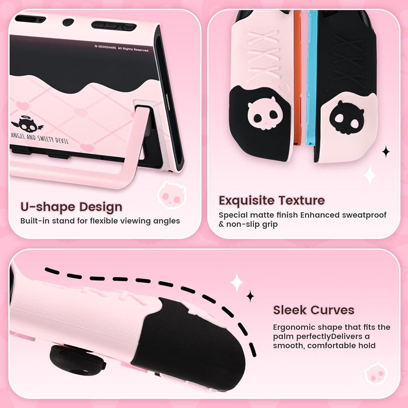GEEKSHARE Protective Case Set Compatible with switch 2, PC Back Plate with Silicone Joysticks Covers, Includes 2 Thumb Grips, Waterproof Protection - Sweetheart Skull (Black & Pink) - Image 4